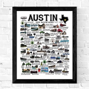 May include: Black framed print featuring a map of Austin, Texas, with illustrations of landmarks and the text "Keep Austin Weird." Includes the Austin skyline, a star, and various attractions.