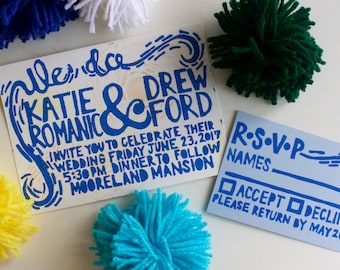 Handmade Wedding Invitations, Linocut Invitations, Linoleum Print, Wedding Invites, Hand Printed, Custom Wedding Invitations, Design DEPOSIT