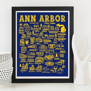 Może przedstawiać: Ilustrowana mapa Ann Arbor w stanie Michigan, w kolorze niebieskim i żółtym, z tekstem "Ann Arbor, Założona w 1824, Tree Town". Mapa przedstawia różne punkty orientacyjne i miejsca warte odwiedzenia w mieście, w tym Uniwersytet Michigan, Stadion Michigan i rzekę Huron.