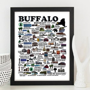 Peut inclure: Une carte illustrée colorée de Buffalo, New York, mettant en évidence des monuments et des points d'intérêt. La carte est encadrée en noir et porte le texte "Buffalo, Queen City, Est. 1832".