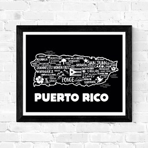 May include: A black and white map of Puerto Rico with the names of cities and towns throughout the island. The text "PUERTO RICO" is written in large white letters at the bottom of the map.