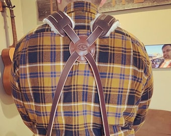 Work Suspenders, Handmade Bridle Leather, 3 Point or 4 Point, Wool Shoulder Pads, Belt Loops or Stainless Steel Scissor Clips, Made in USA.