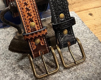 Handmade Leather Belt, Basket Weave Hand Tooling, Full Grain Leather, Made in USA