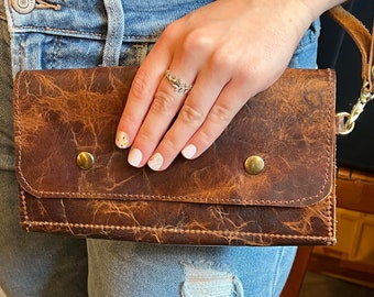 Leather Clutch Purse with Wristlet, Full Grain Distressed Brown Handbag, Made in USA