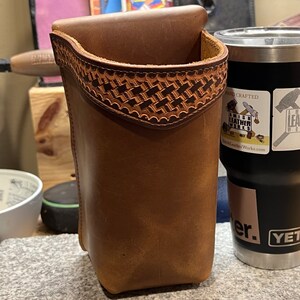 Handmade Leather Bottle Holder for Saddle, Tooled Travel Mug Holder with Clip, Made in USA