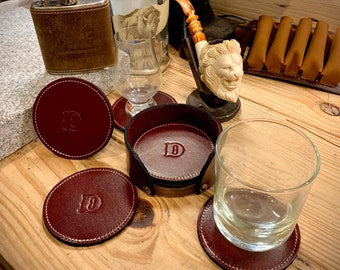 Leather Coasters with Holder, English Bridle Leather, Custom Personalized, Brown, Black, Burgundy, Handmade, Made in USA, Housewarming Gift