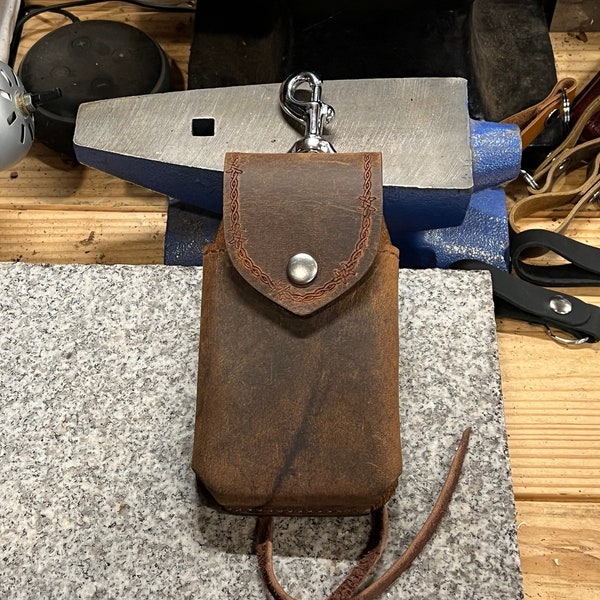 Leather Saddle Phone Case with Clip and Tie Down Strap, Hand Tooled Buffalo Leather Holster, Magnet, Made in USA, Amish Handmade Tack