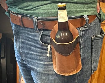 Leather Bottle Holster for Belt, Handmade Tailgating Gear, Made in USA