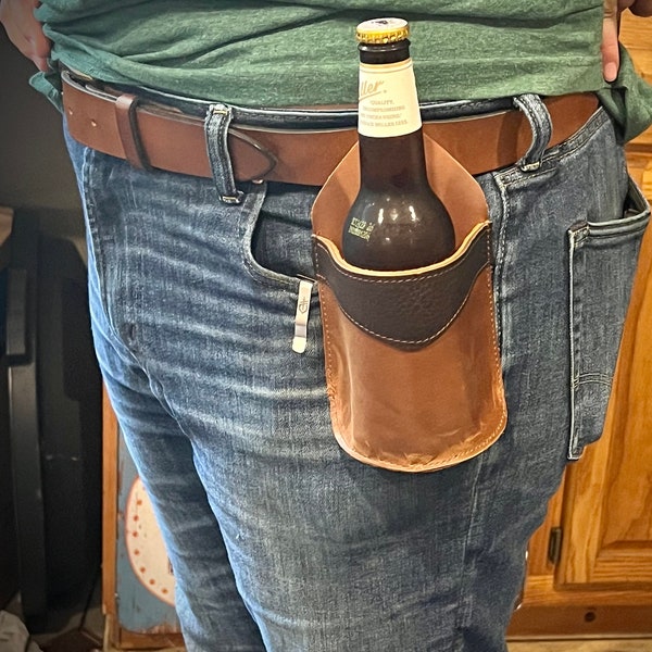 Leather Bottle Holster for Belt - Free Shipping - Amish Handmade  - Brown, Black, Green - Made in USA - Tailgating Gear