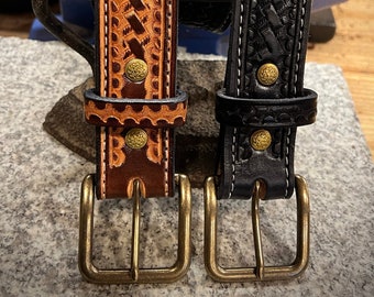 Deluxe Leather Belt, Handmade Western Basket Weave Hand Tooling, Full Grain Leather, Antique Brass Buckle, Amish Made - Made in USA