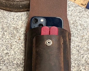 Leather Phone Case with Multi Tool / Leatherman Combo Holster - Full Grain Leather Handmade - Made in USA