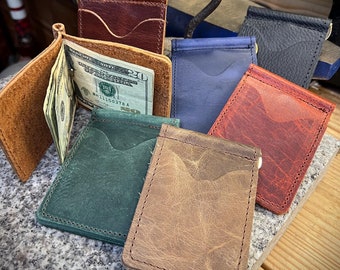 Leather Money Clip, Card Holder, Full Grain Leather, Handmade Front Pocket Minimalist Wallet, Brown, Black, Made in USA