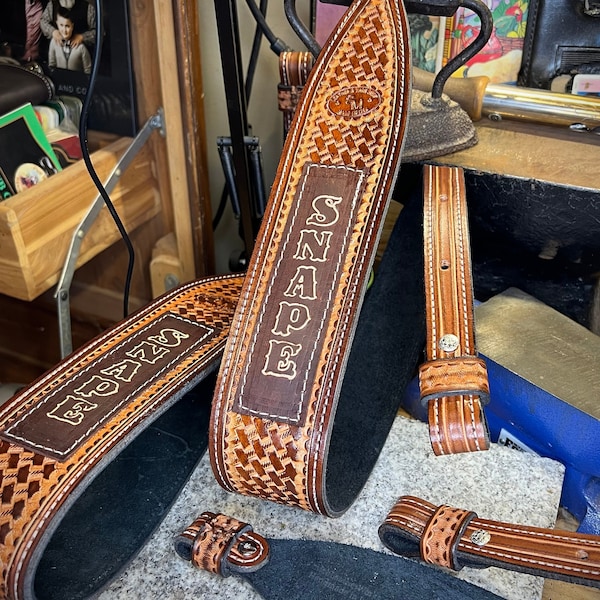 Leather Sling Customized, Handmade Strap, Basket Weave Tooling, Full Grain Leather, Personalized Wool Padding, Amish Tooled, Made in USA