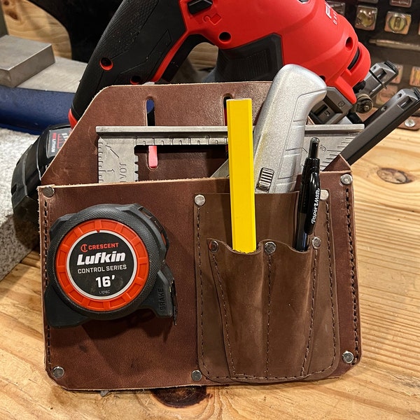 Utility Tool Pouch for Lumber Cut Prep / Carpenter Tool Caddy - Leather Tool Holder with Tape Clip - Handmade Leather - Made in the USA.