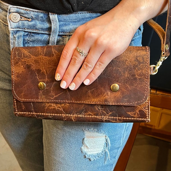 Leather Clutch with Wristlet Strap, Buffalo Leather Purse, Distressed Brown Leather Handbag, Made in USA, Amish Craftsmanship
