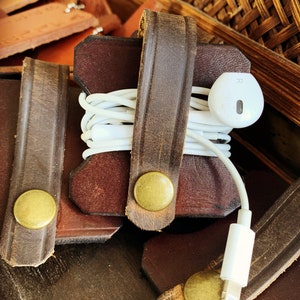 Leather Earbud Holder, Earphone Wrap Organizer, Handmade Full Grain Leather, Made in USA