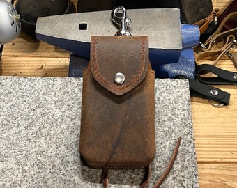 Leather Saddle Phone Case with Clip, Tie Down Strap, Hand Tooled Buffalo Leather Holster, Magnet, Made in USA, Amish Handmade Tack