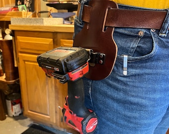 Leather Drill Clip / Impact Driver Clip - for Tool Belts - with Optional Belt Clip - Handmade Full Grain Leather - Made in USA