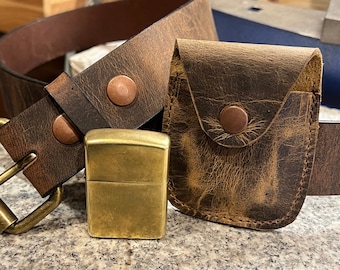 Leather Zippo Lighter Holder - Vintage Buffalo Brown Full Grain Leather Case - Made in the USA