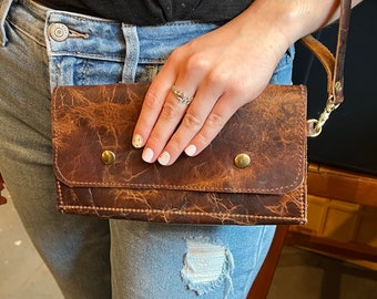 Leather Clutch with Wristlet Strap, Buffalo Leather Purse, Distressed Brown Leather Handbag, Made in USA, Amish Craftsmanship