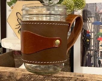 Leather Mason Jar Holder - Glass Wrap / Sleeve / Coozie - Handmade Pint Size  - Made in USA