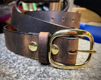 Mens Leather Dress Belt with Center Bar Buckle, Brass, Silver, Antique, Changeable Buckle, Amish Handmade Brown, Cognac, Black, Made in USA