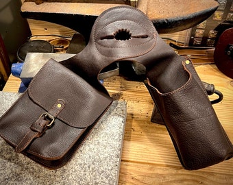 Leather Horn Bag with Bottle Holder and Phone Holder, Saddle Bag, Full Grain Buffalo Leather, Amish Handmade, Made in USA, Free Shipping