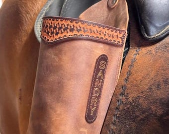 Handmade Leather Bottle Holder for Saddle, Tooled Travel Mug Holder with Clip, Made in USA