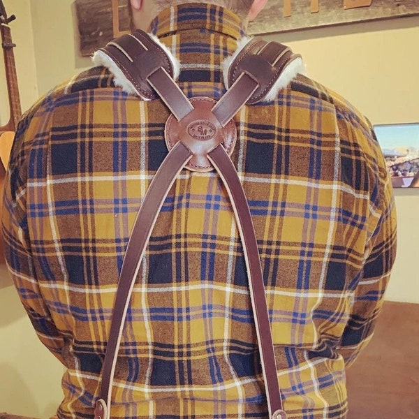 Work Suspenders, Handmade Bridle Leather, 3 Point or 4 Point, Wool Shoulder Pads, Belt Loops or Stainless Steel Scissor Clips, Made in USA