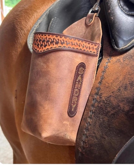 Handmade Leather Bottle Holder for Saddle, Tooled Travel Mug Holder with Clip, Made in USA