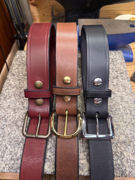 Handmade Leather Dress Belt, Full Grain Brown Black Burgundy, Changeable Buckle, Made in the USA
