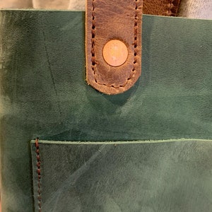 Green Leather Tote Bag Shoulder Bag Free Shipping Handmade Women's Handbag Brown Handles Front & Inside Pocket Made in USA image 3