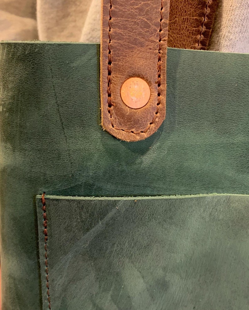 Green Leather Tote Bag Shoulder Bag Free Shipping Handmade Women's Handbag Brown Handles Front & Inside Pocket Made in USA 画像 3