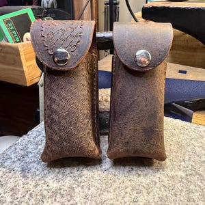Leather Knife Case for Belt, Buffalo Leather Holster, Amish Handmade, Tooled Leather, Made in USA