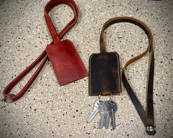Lanyard Key Holder, Leather Keychain for Neck, Keyring Fob Keeper, Handmade Buffalo Leather, Made in USA