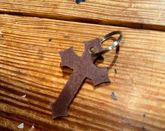 Leather Keychain - Cross - Removable Keyring - Amish Handmade - Made in USA - Car Key Fob
