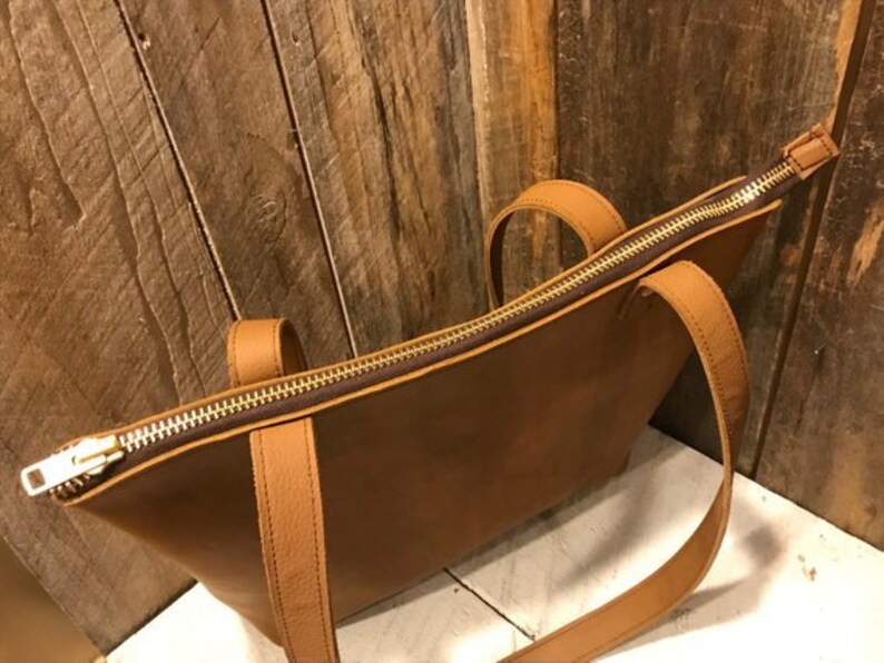 Green Leather Tote Bag Shoulder Bag Free Shipping Handmade Women's Handbag Brown Handles Front & Inside Pocket Made in USA 画像 6