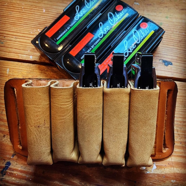 Leather Harmonica Case, Harp Holder for Guitar Strap or Belt, Amish Handmade Harmonica Holster, Handmade Leather, Made in USA