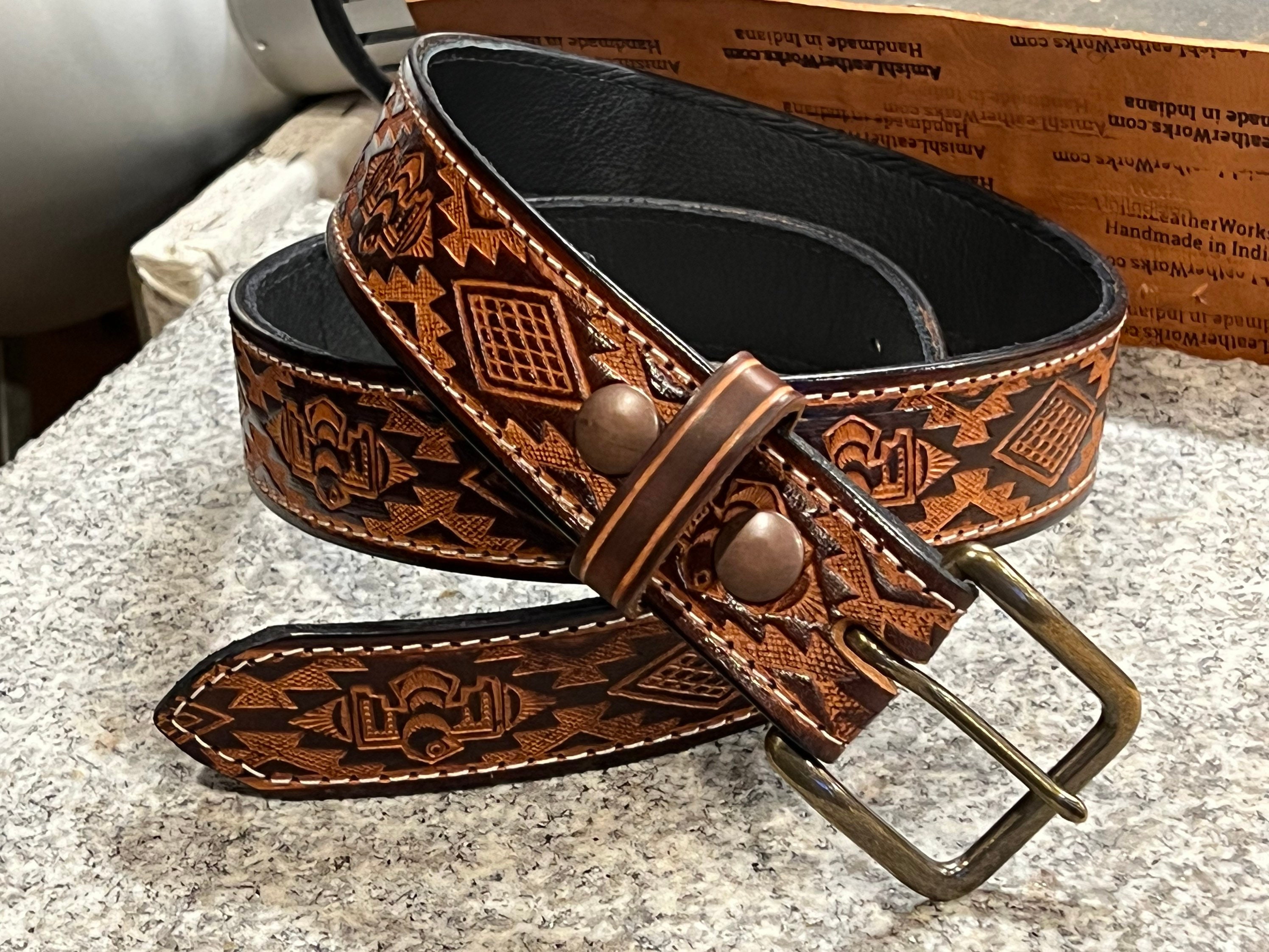 Leather Belt Aztec Pattern / Mens Full Grain Embossed Leather Belt / Solid  Brass Antiqued Buckle Made in USA 