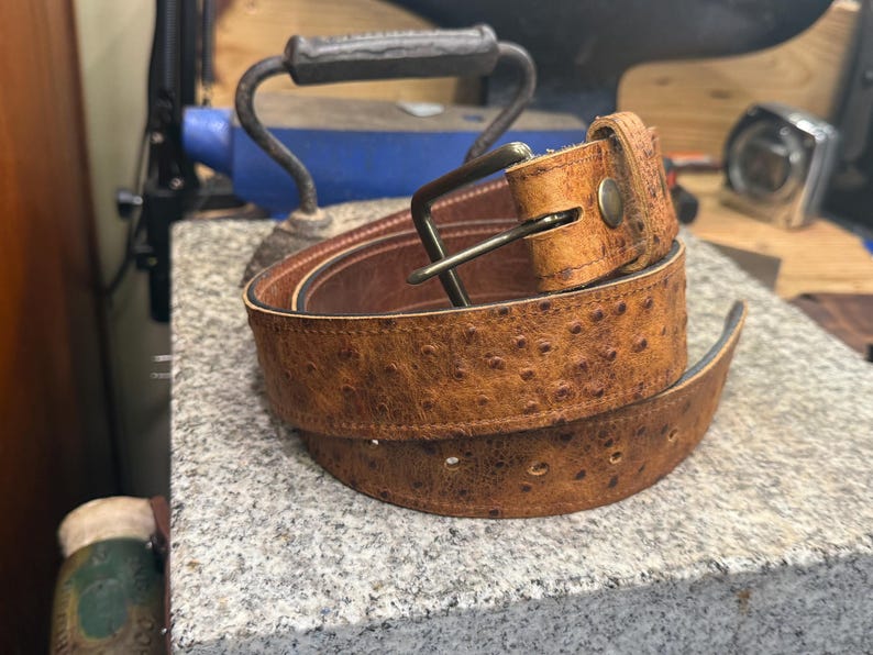 Ostrich Leather Belt for Men, 1.5” Handmade Full Grain Leather, Changeable Buckle, Made in USA