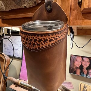 Handmade Leather Bottle Holder, Tooled Trim, Travel Mug Holder for Saddle, Saddlebag, Made in USA