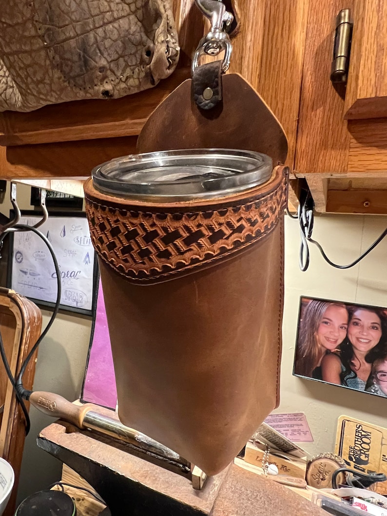 Handmade Leather Bottle Holder, Tooled Trim, Travel Mug Holder for Saddle, Saddlebag, Made in USA