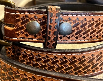Basket Weave Leather Belt - / Full Grain Leather Embossed Basket Weave Leather Belt - / Full Grain Leather Embossed