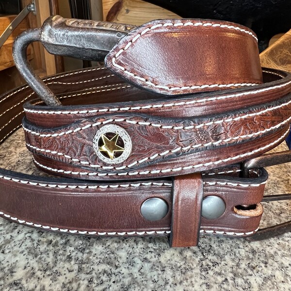 Leather Belt Ranger Style, Conchos, Amish Handmade Full Grain Leather 1.5" Mens Dress Belt, Made in the USA, Free Shipping, Removable Buckle