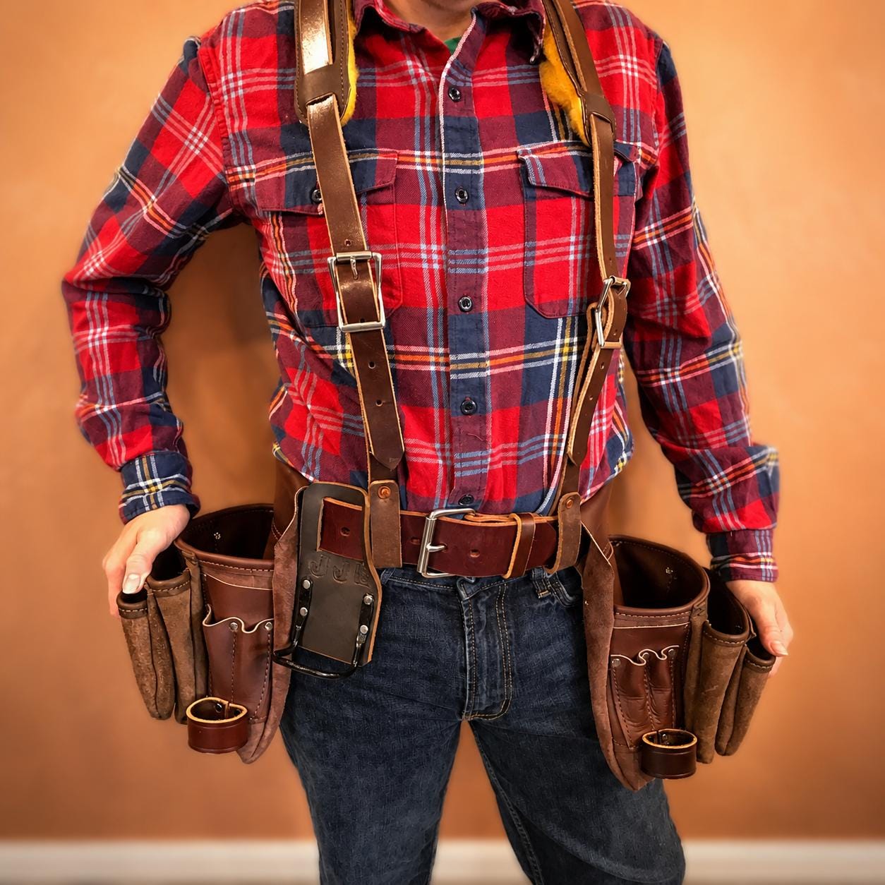 Handmade Leather Tool Belt With Suspenders, Full Grain Leather