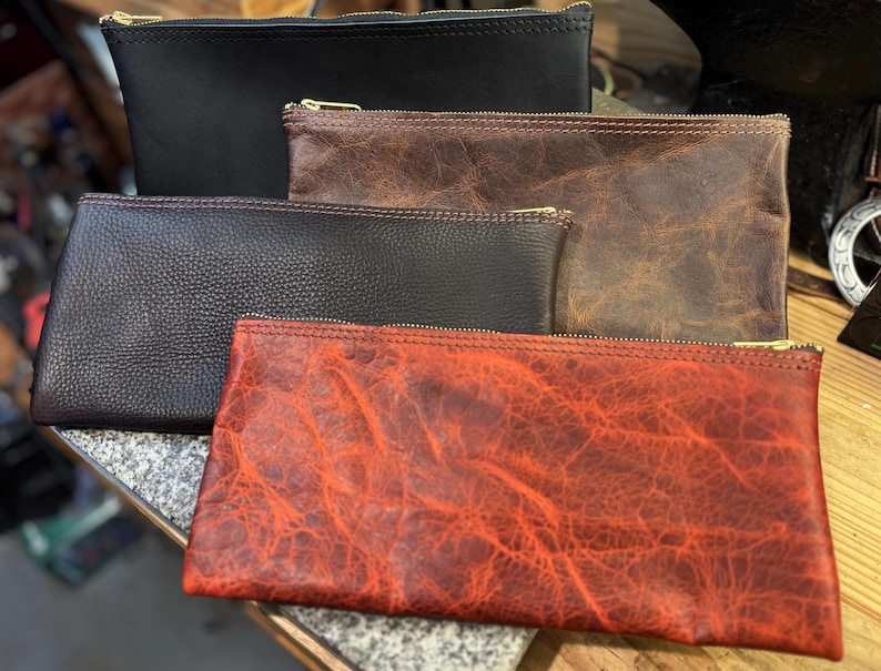 Leather Money Bag, Bank Bag, Solid Brass Zipper, Handmade Cash Storage Pouch, Full Grain Buffalo Leather, Personalized, Made in USA