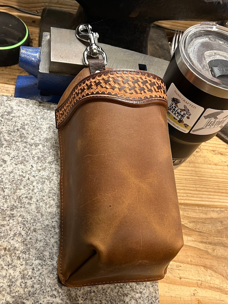 Handmade Leather Bottle Holder, Tooled Trim, Travel Mug Holder for Saddle, Saddlebag, Made in USA