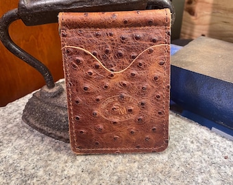 Cartera minimalista con clip para billetes de avestruz, tarjetero hecho a mano, piel de plena flor, fabricado en EE. UU.