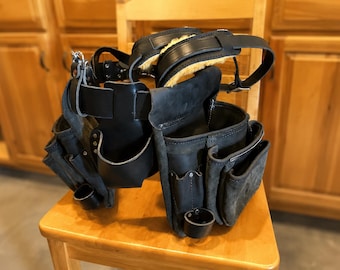 Black Leather Tool Belt, Suspenders, Handmade Nail Pouch, Full Grain Made in USA