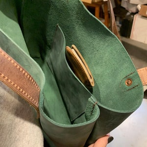 Green Leather Tote Bag Shoulder Bag Free Shipping Handmade Women's Handbag Brown Handles Front & Inside Pocket Made in USA 画像 5